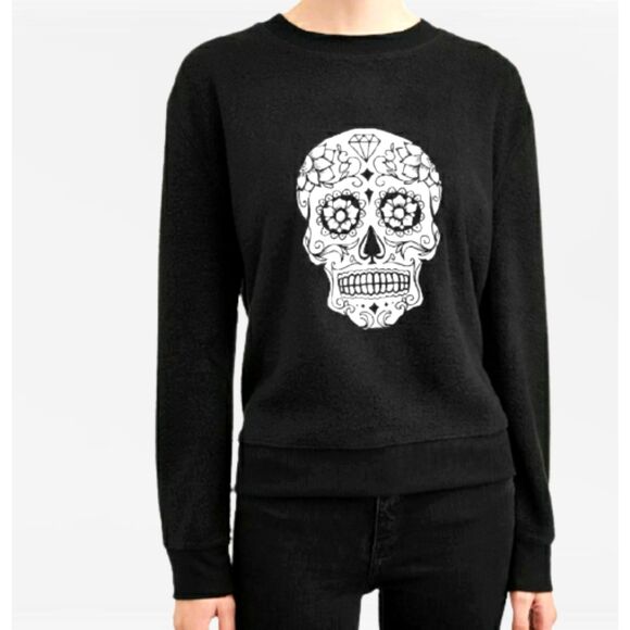 ⭐ No Boundaries NOBO Women's Sugar Skull Sweatshirt Black Fleece Top Med Juniors - Picture 1 of 6